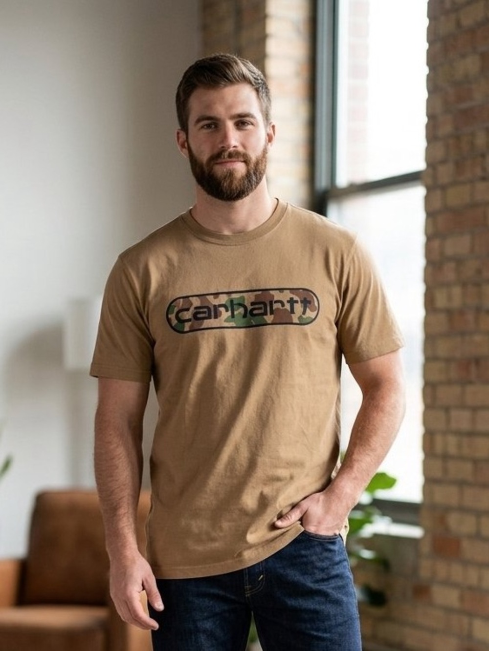 Carhartt Tan Short-Sleeve Logo Tee with Camo Accent